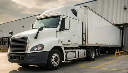 White semi-truck parked at a loading dock